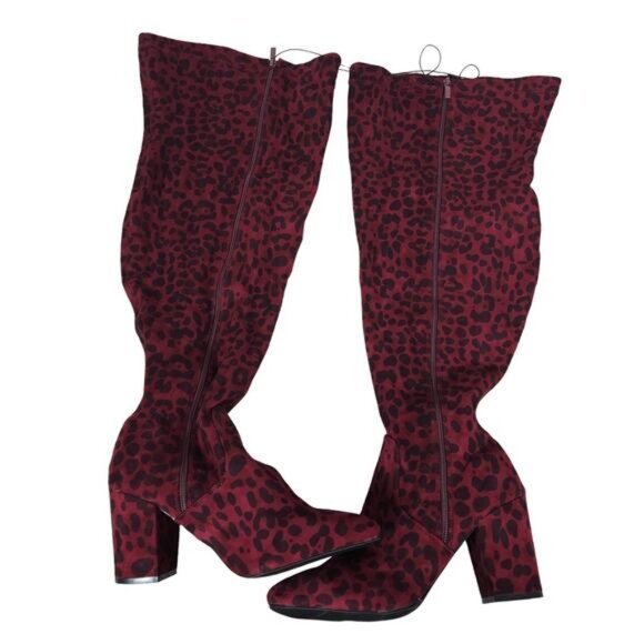 Torrid Womens Over The Knee Boots 10.5 WW Burgundy Red Leopard Print Pointed Toe - Picture 4 of 6